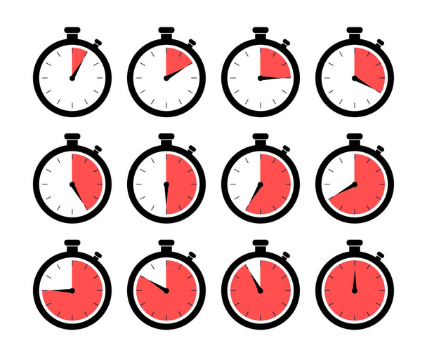 Stopwatch. Timer. Set of stopwatch icons with different time interval. - Vector, afbeelding