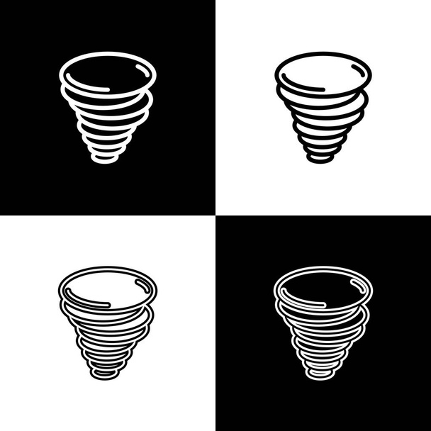 Tornado-Symbol isoliert auf schwarzem und weißem Hintergrund setzen. Wirbelsturm, Wirbelsturm, Sturmtrichter, Hurrikan oder Wettersymbol. Vektorillustration - Vektor, Bild
