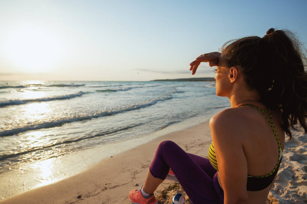 Vu de derrière femme sportive saine en vêtements de sport sur la côte au coucher du soleil en regardant au loin
. - Photo, image