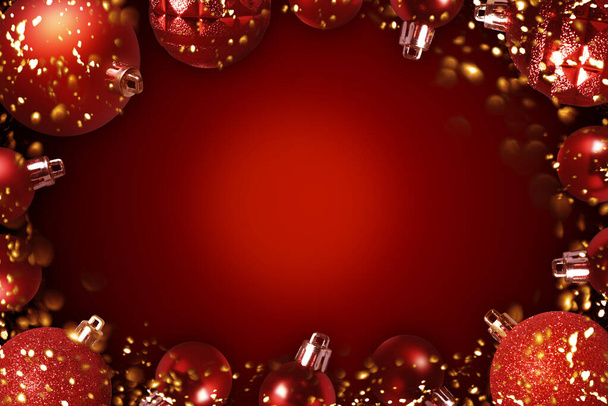 Висячие красные рождественские безделушки на красном фоне
 - Фото, изображение