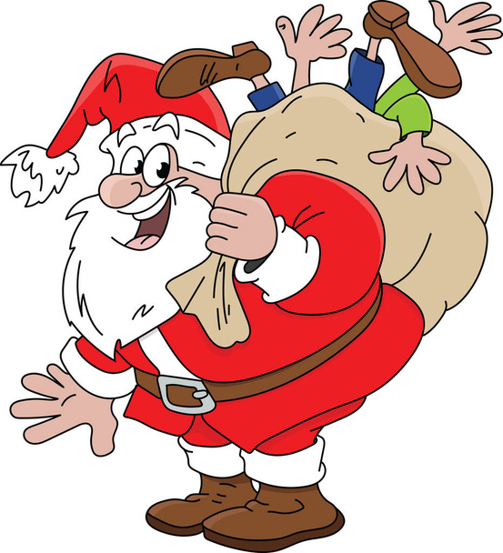 Cartoon-Weihnachtsmann bringt Menschen ihre Lieben als Geschenke - Vektor, Bild