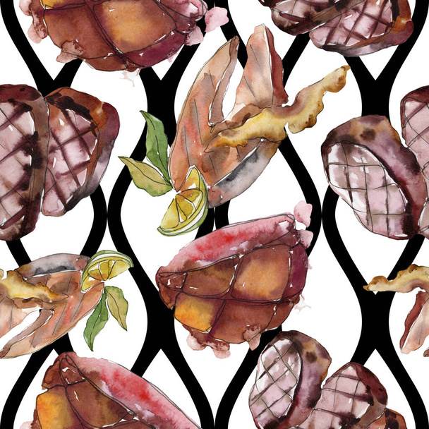 Grilled steak tasty food. Watercolor background illustration set. Seamless background pattern. - Photo, image