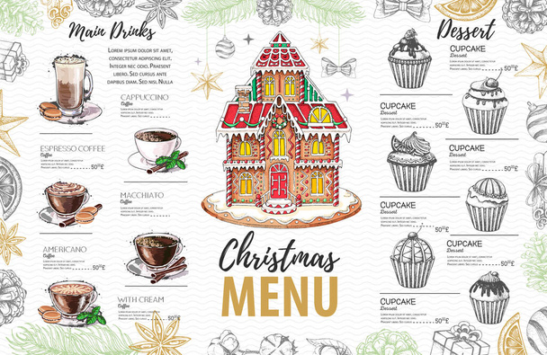Diseño de menú de Navidad con casa de pan de jengibre dulce, cupcakes y café
 - Vector, imagen