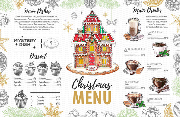 Diseño de menú de Navidad con casa de pan de jengibre dulce, cupcakes y café
 - Vector, imagen