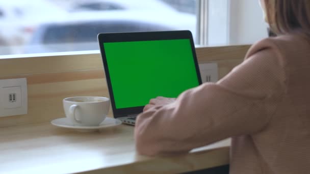 Taustakuva - nainen istuu pöydän ääressä juomassa kahvia ja katselemassa kannettavaa tietokonetta
. - Materiaali, video