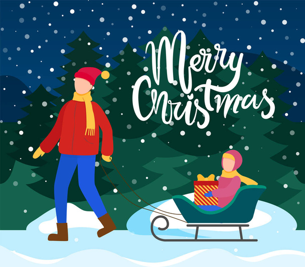 Merry Christmas Dad with Kid on Sleds with Present - Вектор,изображение