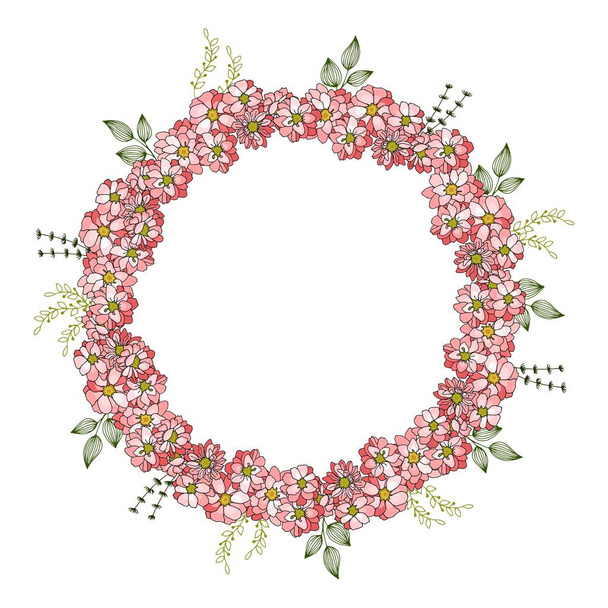 Detailed contour wreath with herbs, pink flowers, isolated on white. Round frame for your design, greeting cards, wedding announcements, posters. - Vecteur, image
