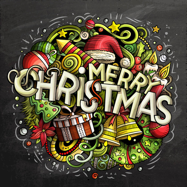 Frohe Weihnachten handgezeichnete Kritzeleien Kreidetafel Illustration. - Foto, Bild