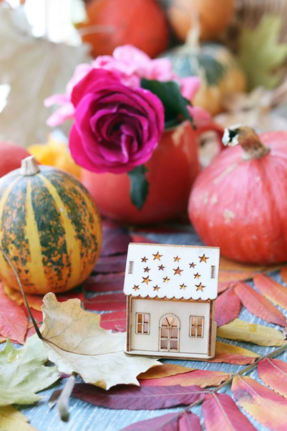 Осенняя композиция тыкв, свежие розы, игрушечный домик, листья на подоконнике, концепция домашнего уюта, семейный праздник, День благодарения
 - Фото, изображение