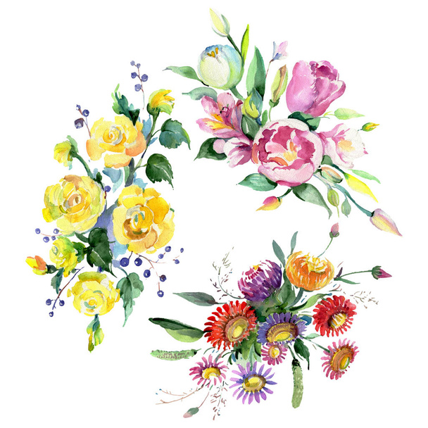 ヒマワリの花の植物の花と花束 野生の春の葉の野生の花が孤立しました 水彩背景イラストセット 水彩画ファッションアクアレル フレームボーダーオーナメント正方形 ロイヤリティフリー写真 画像素材