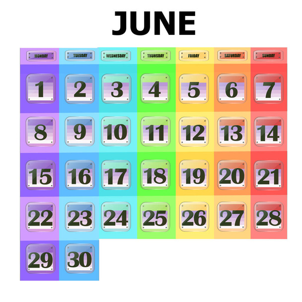 farbenfroher Kalender für Juni 2020 in englischer Sprache. Buttons mit Kalenderdaten. - Foto, Bild