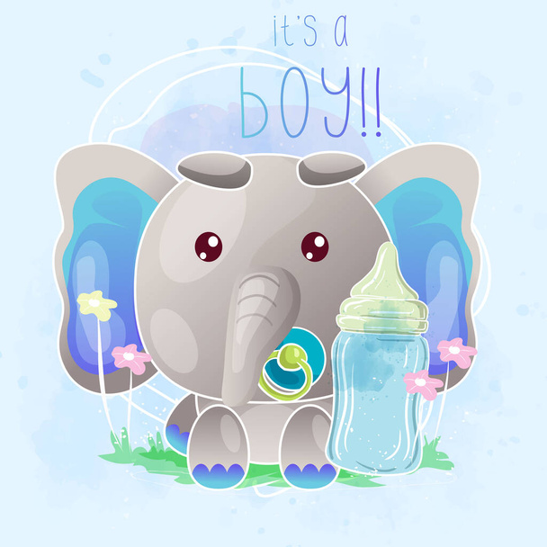 Cute Baby Elephant z butelką karmienia-wektor - Wektor, obraz