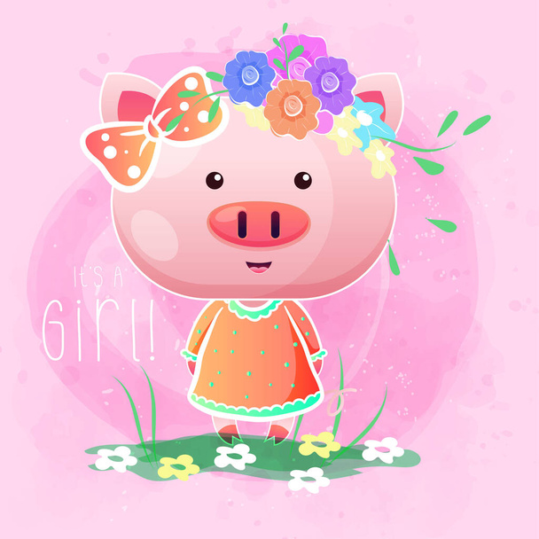 милая девушка свинья с цветами на розовом фоне
. - Вектор,изображение