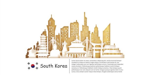 Dél-Korea Gold Travel képeslapokkal, plakátokkal, világhírű, papírvágású műemlékek idegenforgalmi reklámozásával. - Vektor, kép