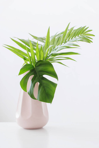 vase with palm leaves on white background - Foto, afbeelding