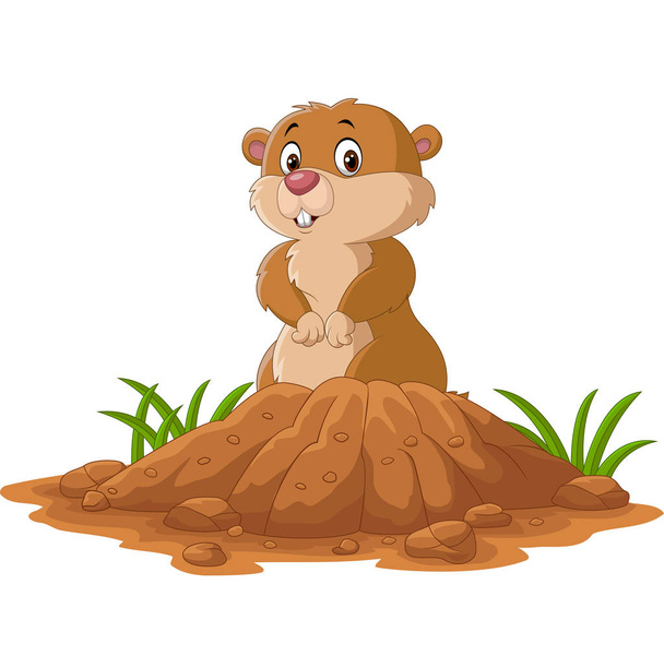 Vector illustration of Cartoon funny groundhog standing outside its burrow - Vector, Image