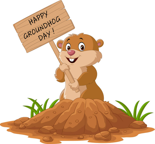 Vector illustration of Happy groundhog day. Funny groundhog holding wooden sign - Vector, Image