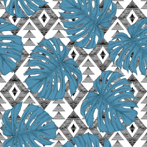 Blauwe monstera bladeren op grafische achtergrond - Vector, afbeelding