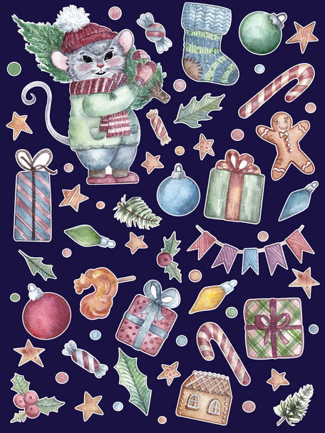 Paquete de pegatina de acuarela de Navidad con lindo ratón, regalos y otros elementos navideños
 - Foto, Imagen
