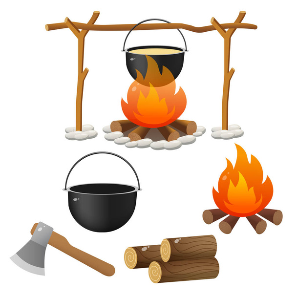 Tourist set. Color images of campfire, firewood and of bowler on white background. Camping and hikings. Vector illustrations. - Vector, Image