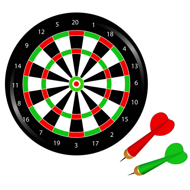 Color image of dartboard with  darts on white background. Sports equipment. Vector illustration. - Vetor, Imagem