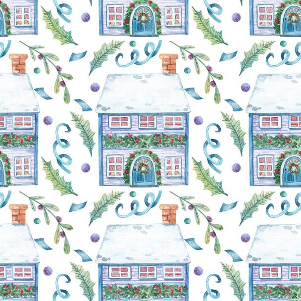 Kerstmis naadloos patroon met huizen en bladeren. Aquarel met de hand getekend Kerst achtergrond voor het inpakken van papier, ontwerp, stoffen, kaarten en andere doeleinden. - Foto, afbeelding