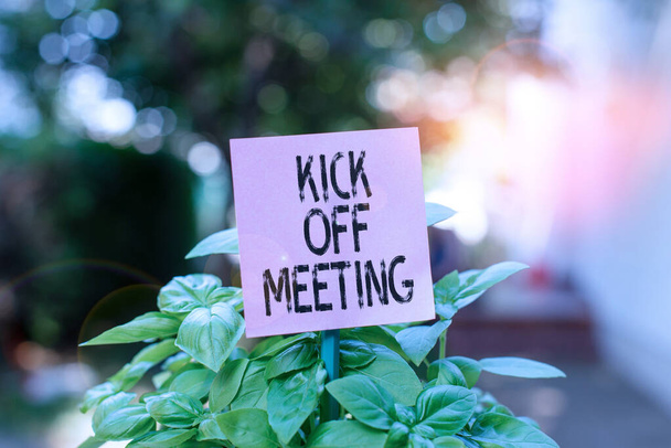 Text sign showing Kick Off Meeting. Conceptual photo getting fired from your team private talking about company Plain empty paper attached to a stick and placed in the green leafy plants. - Fotoğraf, Görsel