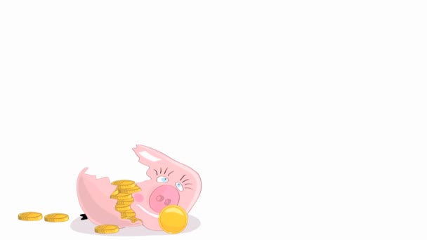 graphic animation gold coins spill out of broken piggy bank after being hit with hammer with alpha effect. time to use savings - Кадры, видео
