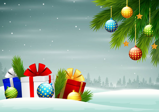 Merry Christmas background with branches of tree and gift boxes - Vector, Image