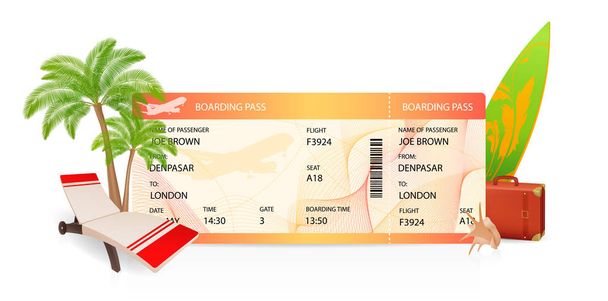 Boarding pass (ticket, traveler check template) creative concept. Travel vector background with airplane ticket, palm tree, luggage, surfboard shell. Summer vacation on aircraft (plane) - Vector, Image