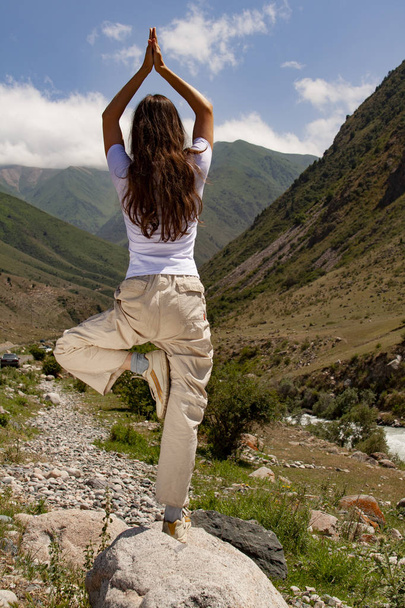 Jeune femme pratique le yoga à Tree Pose (Vrikshasana) pose un
 - Photo, image