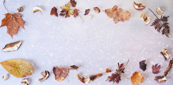 Navidad: setas secas, hojas de otoño sobre madera blanca y nieve
. - Foto, imagen
