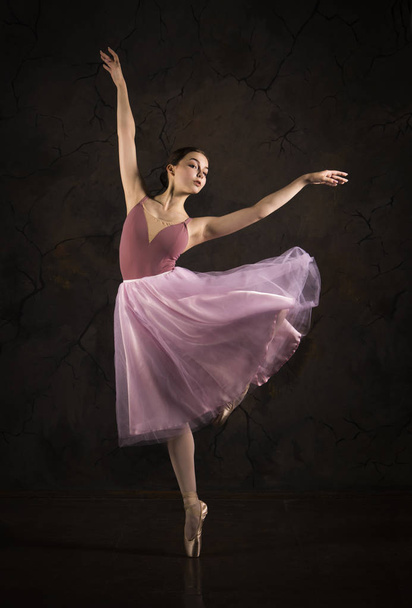A slender girl in a pink skirt and beige top dancing ballet. - Foto, immagini