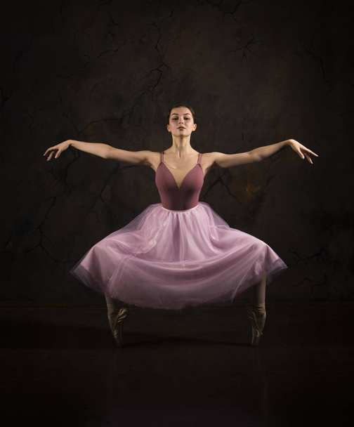A slender girl in a pink skirt and beige top dancing ballet. - Foto, Imagen