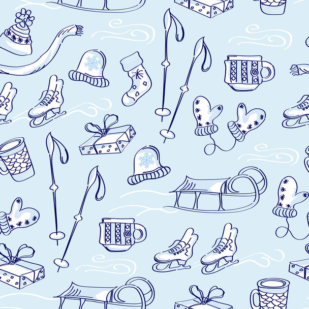 Seamless winter pattern in scandinavian style. Vector cartoon illustration with sled, mittens, gifts and snowflakes on a blue background. - ベクター画像