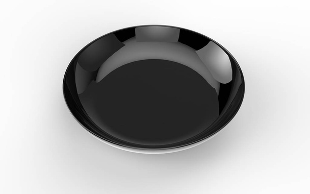Placa pequeña de cerámica negra brillante vacía sobre fondo blanco con sombra de suelo. Inclinación de la cámara 45 grados. Aislado. Renderizado 3D
 - Foto, imagen