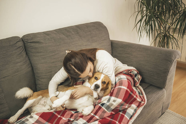 Расслабленная молодая женщина на диване дома, со своей собакой
 - Фото, изображение