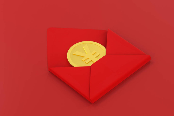 Piros csomag arany érme belsejében, piros háttér, ünnepi téma, 3d renderelés - Fotó, kép