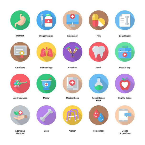 Ikonen der Medizin und des Gesundheitswesens. Premium-Qualität, grafische Konzepte, flache Icons für Webdesign, mobile App. Kreative Vektorillustration - Vektor, Bild