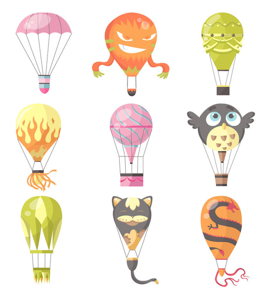 Επίπεδη απεικόνιση αερόστατων θερμού αέρα. Συλλογή από διαφορετικούς τύπους ρομαντική, κινούμενα σχέδια ζώα και να κάψει πολύχρωμα μπαλόνια που φέρουν φεστιβάλ ψυχαγωγίας υπαίθρια. Ταξίδι, ουρανό εικονογράφηση μεταφορών - Διάνυσμα, εικόνα