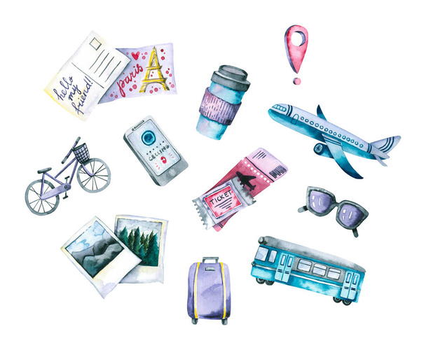 Set of watercolor travel icons. Hand painted trendy illustration - Foto, afbeelding
