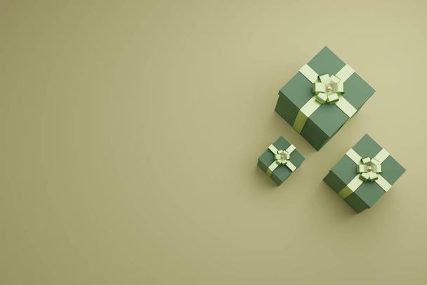 Geschenkboxen mit glänzenden Bändern und Schleife. Festliche Verpackungen, minimalistisches Design für Postkarten oder Werbegeschäfte. - Foto, Bild