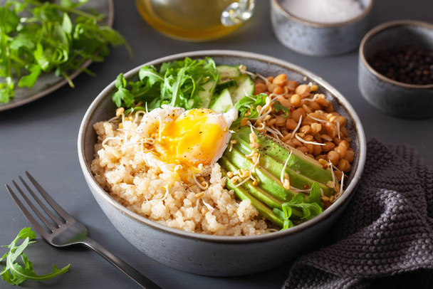 Quinoa-Schüssel mit Ei, Avocado, Gurke, Linsen. gesunde Vegetarier - Foto, Bild