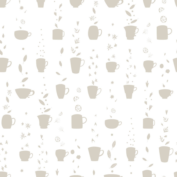 Tea set vector seamless pattern. Vintage multicolored cups and saucers in a cartoon style. Limited pastel colors on a dark background with polka dots with a brush. Ideal for printing - ベクター画像