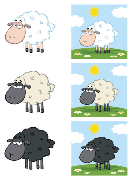 Zestaw znaków maskotki owiec kreskówki. Kolekcja wektorów izolowana na białym tle - Wektor, obraz