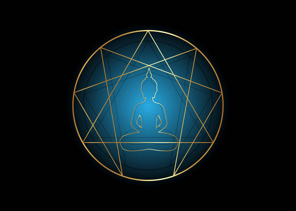 Enneagram yoga flat icon design for infographics and business. Gold Enneagram icon, sacred geometry, with a meditating buddha silhouette in the middle, vector illustration isolated on black background - Vector, Image