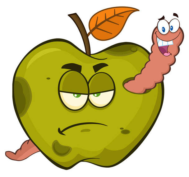Zgniłe owoce zielonego jabłka z rysunku kreskówek liści Prosty design - Wektor, obraz