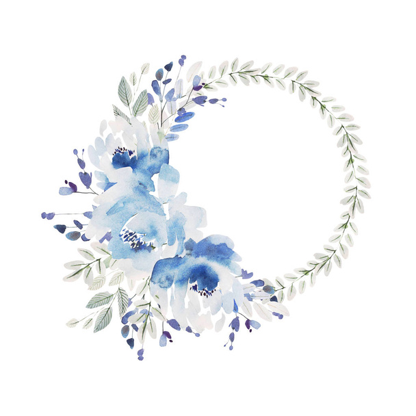 Hermosa corona azul boda acuarela con rosas flores y peonía, hojas
.  - Foto, Imagen