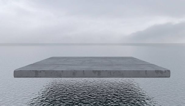Бетонна плита витікає в повітрі над гладкою поверхнею води. Порожній цементний блок летить над морем або океаном у похмуру погоду. Концептуальна креативна ілюстрація з простором для копіювання. 3D візуалізація
 - Фото, зображення