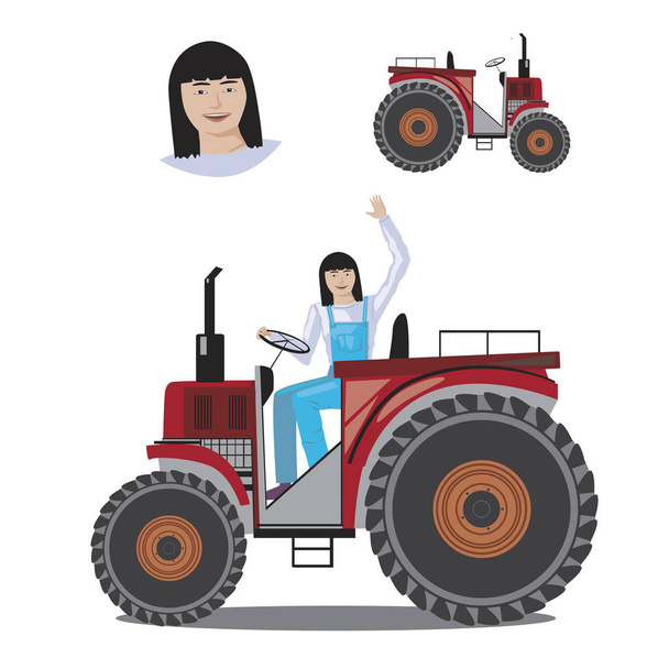 A farm tractor with asian brunette woman driving isolated on whi - Vector, Image